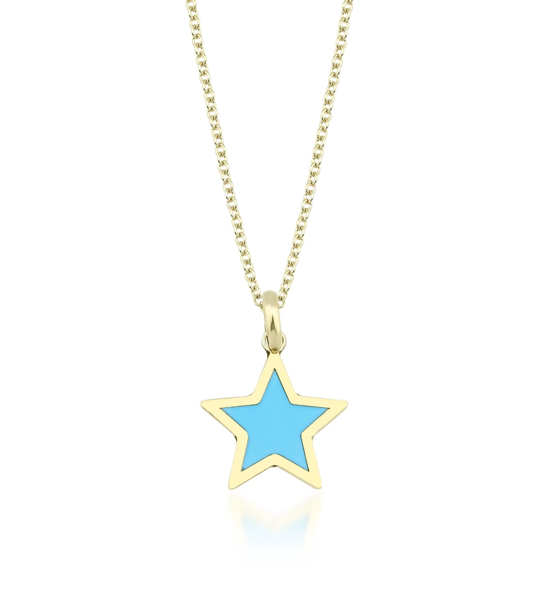 14K yellow gold turquoise star necklace with slender chain and flat star pendant, perfect for everyday wear.