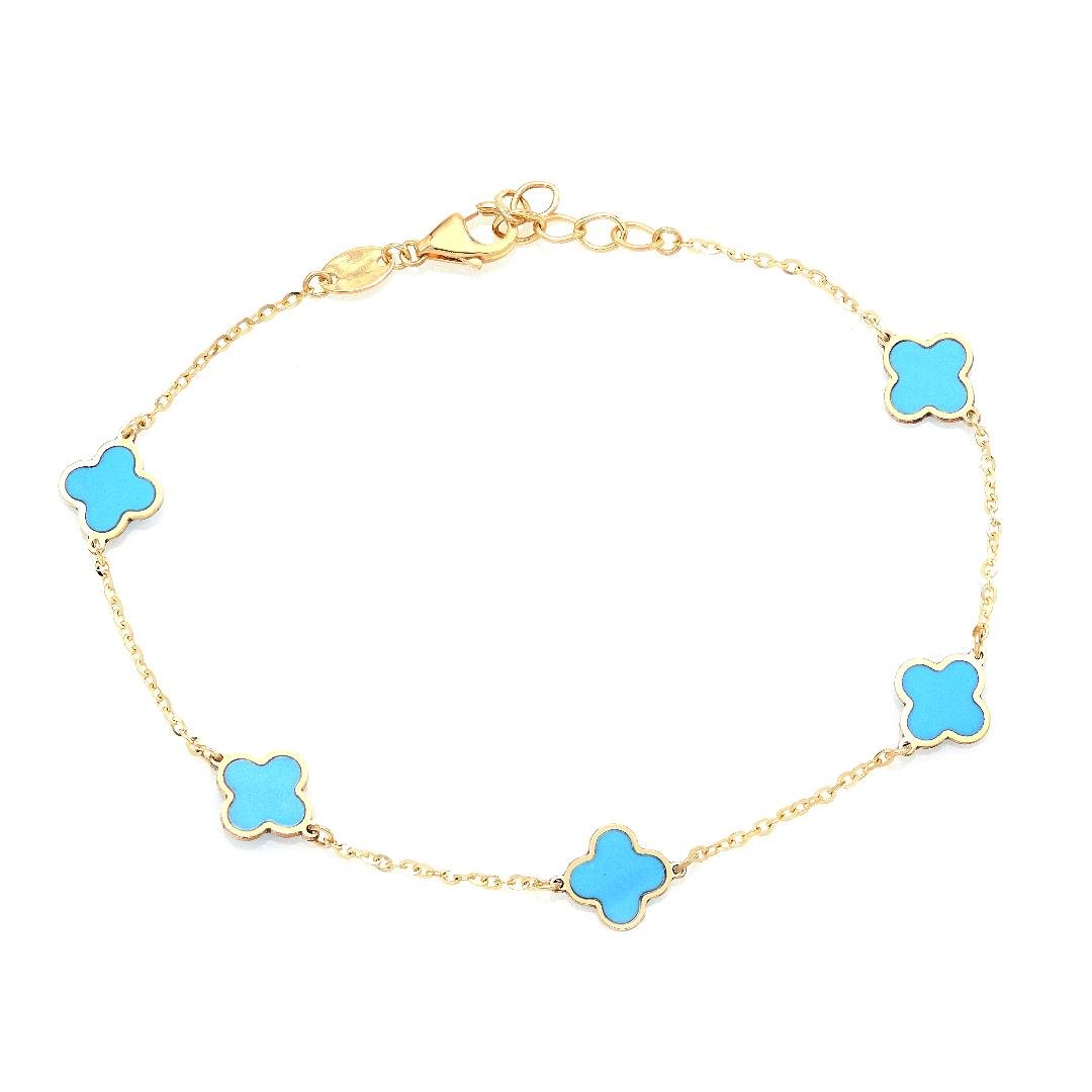 14K solid yellow gold bracelet with turquoise four-leaf clover stations, 6.5 to 7 inches, lobster claw clasp.