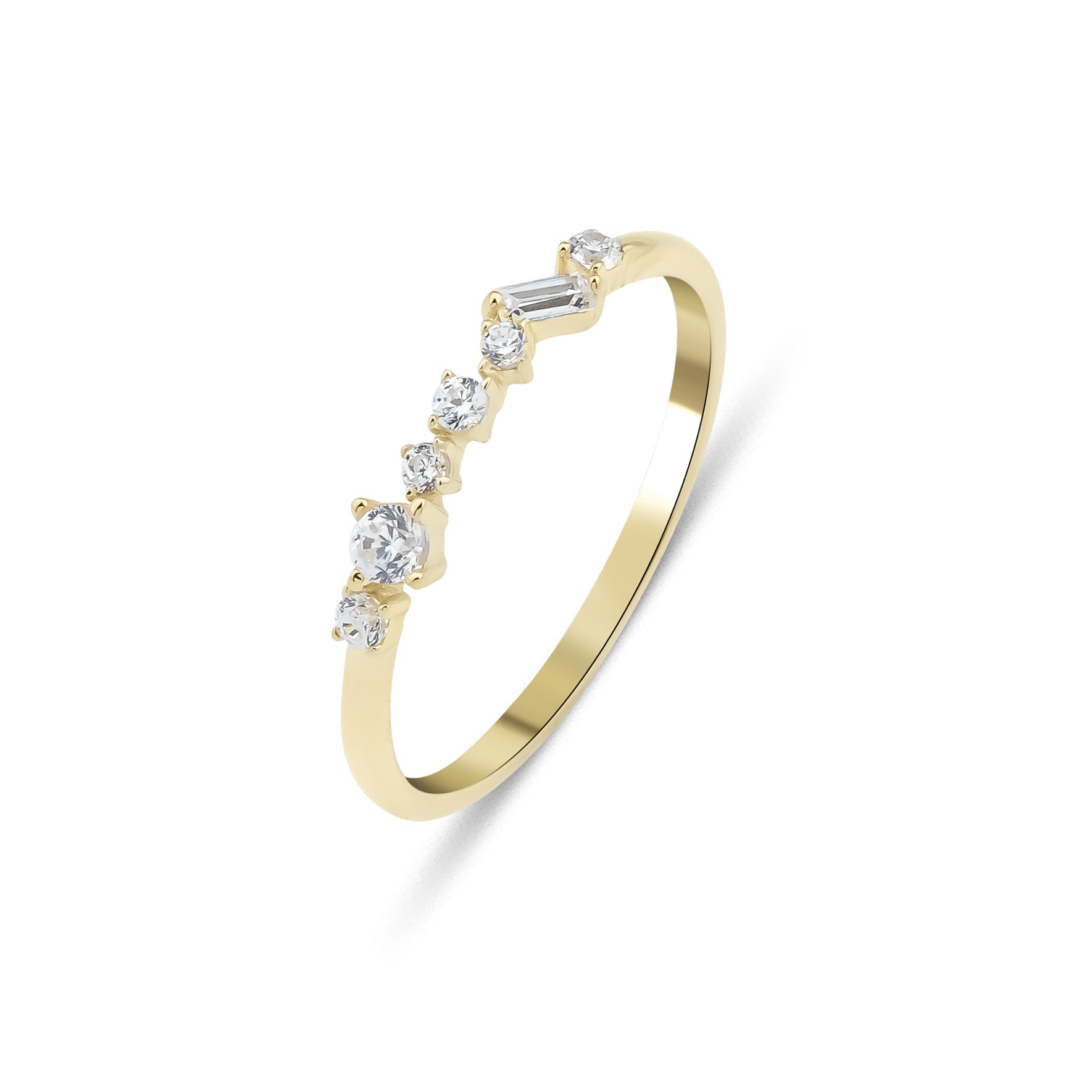 14K yellow gold women's wedding band with sparkling CZ stones, elegant cluster design, gift box included.