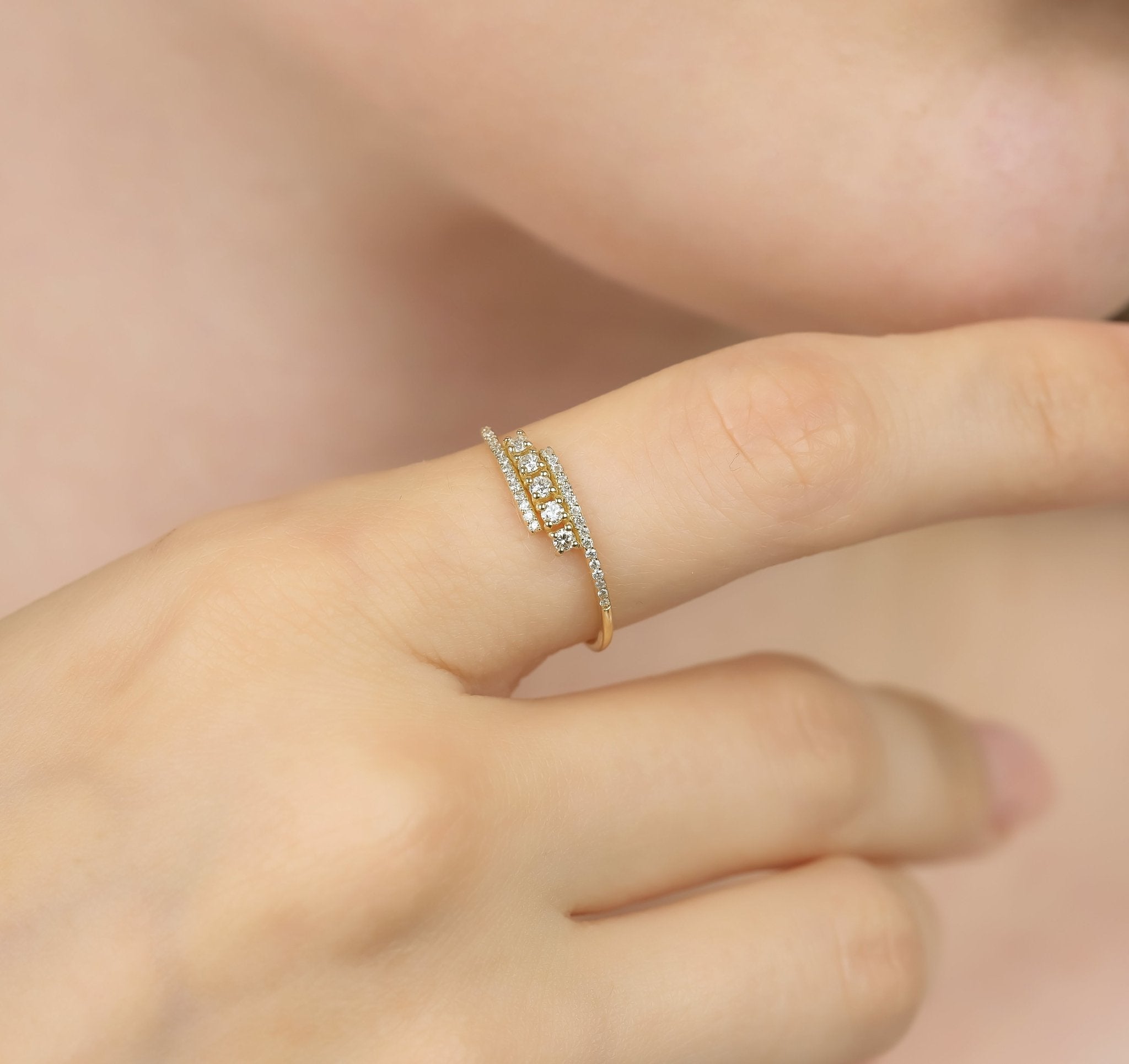 14K yellow gold women's minimalist diamond ring featuring 37 round natural diamonds, 0.30 carats, elegant and stylish.