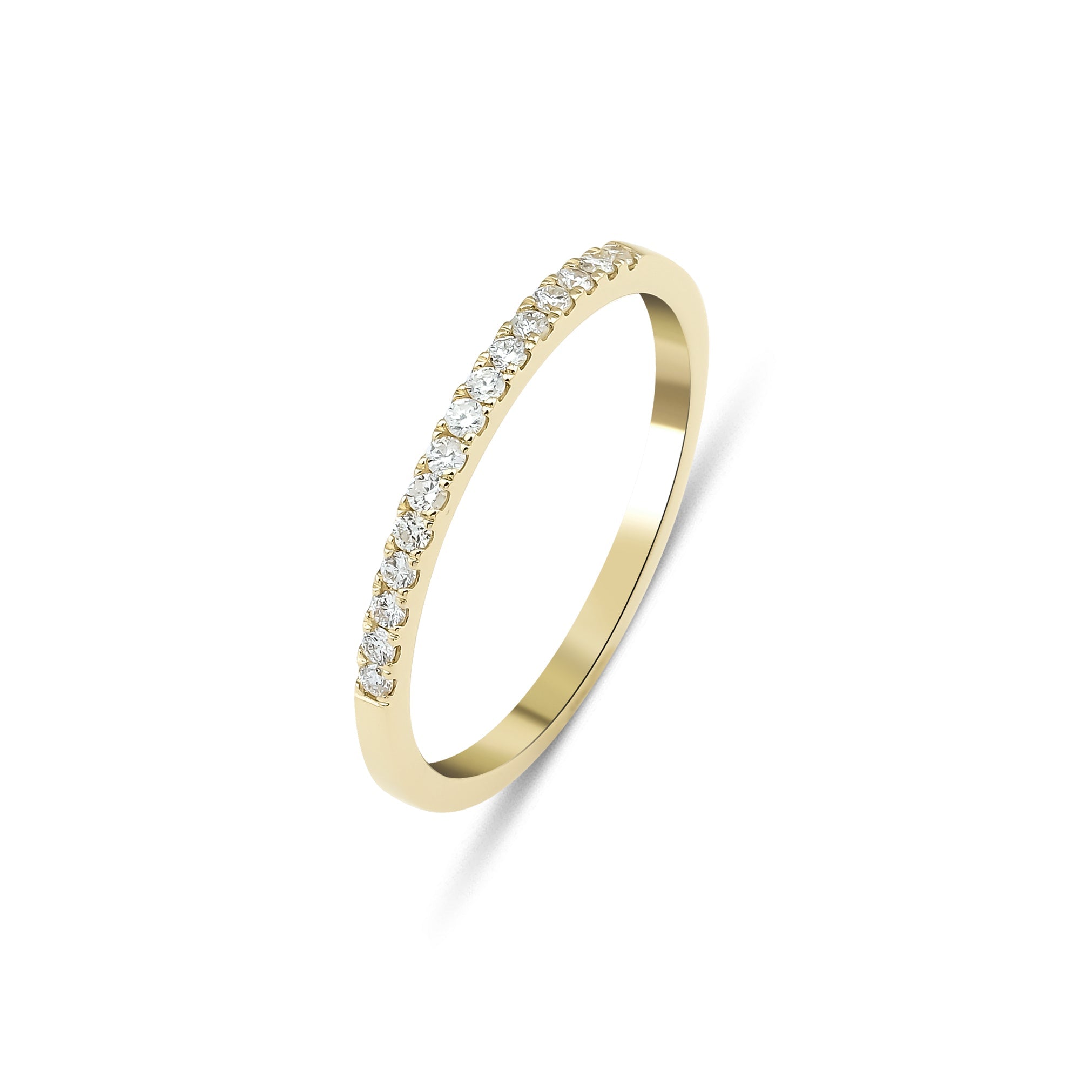 14K yellow gold women's diamond wedding band featuring 15 round diamonds, total carat weight 0.15, shiny finish.