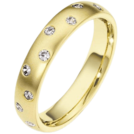 14K yellow gold women's diamond wedding band with 9 brilliant cut diamonds, 4.5mm comfort fitted design.
