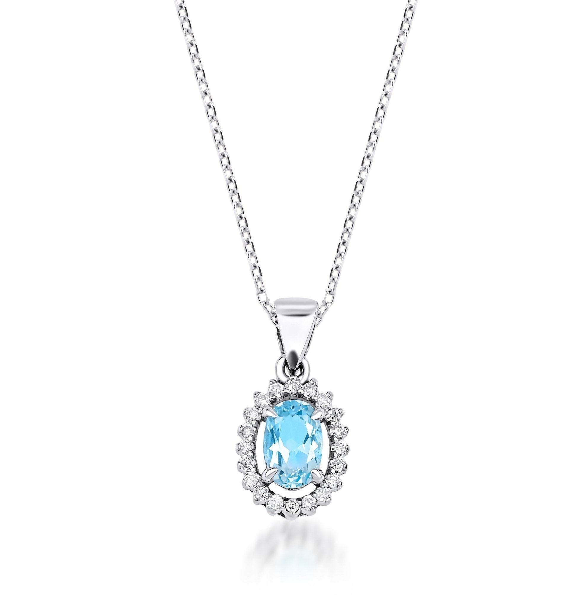 14K yellow gold natural blue topaz and diamond solitaire necklace with delicate design, featuring a sparkling blue centerpiece.
