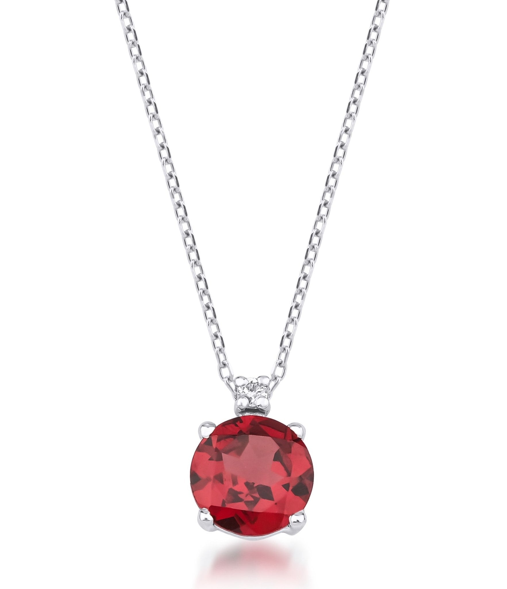 14K white gold necklace featuring a natural garnet pendant and a diamond accent, elegant and dainty design.