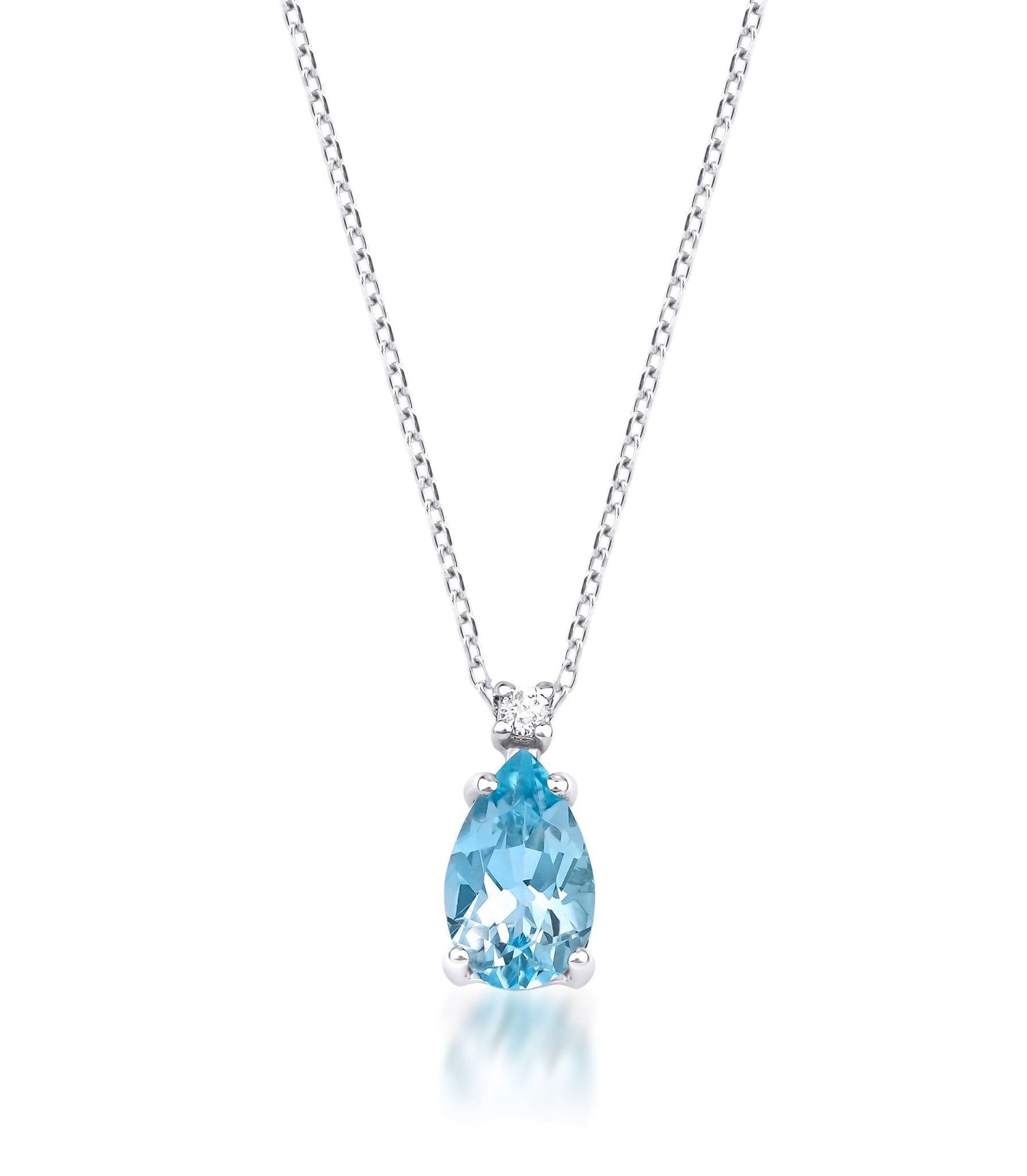 14K white gold necklace featuring a pear-shaped blue topaz and diamond pendant, perfect for everyday elegance.