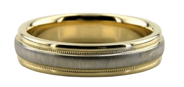 18K yellow gold and platinum wedding band with brushed finish and milgrain detail, 5mm comfort-fit ring, made in USA.