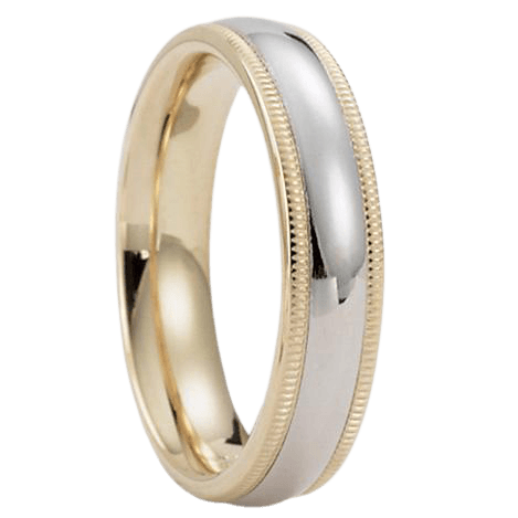 Platinum and 18K yellow gold wedding band, 5mm wide, shiny finish with milgrain details, comfort fit.