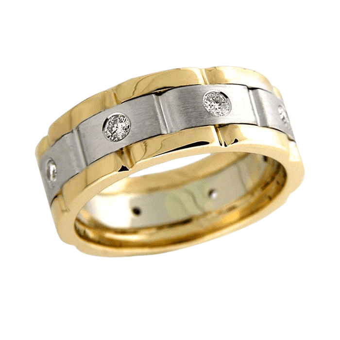 8mm Platinum and 18K Yellow Gold mens wedding ring with round diamonds, satin and shiny finishes, crafted in New York.
