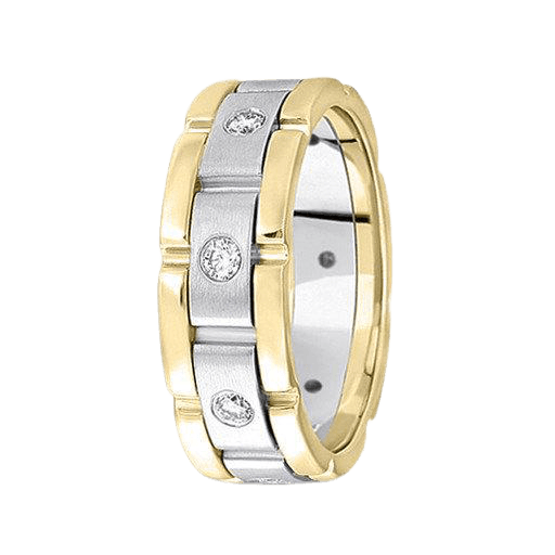 Rolex style wedding band in 18K yellow gold and platinum, featuring 8 round diamonds, satin and shiny finishes.