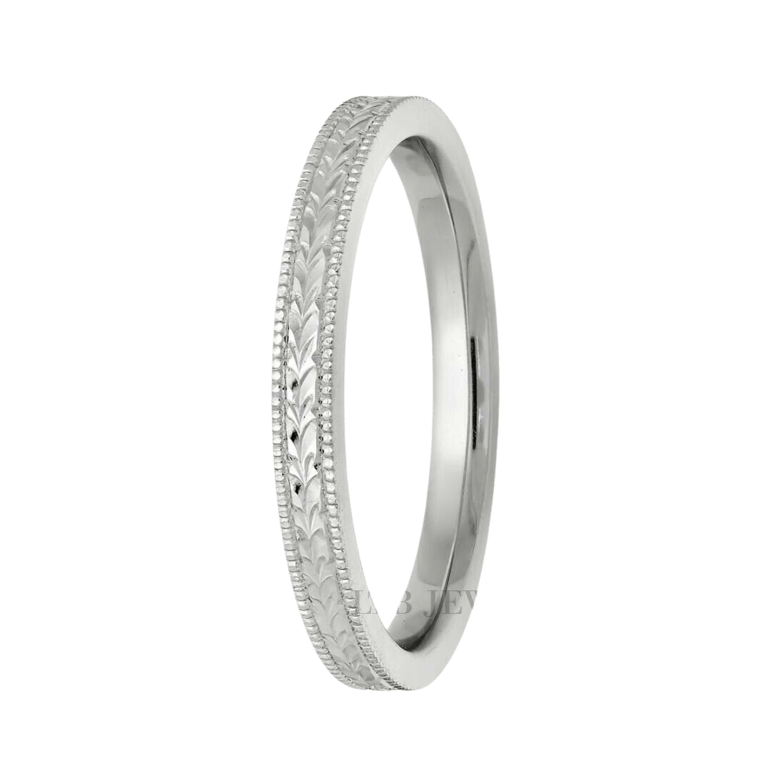 2.5mm 14K White Gold Hand Engraved Wedding Band with milgrain detailing and comfort fit.