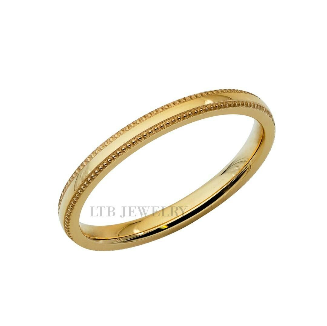 2mm 10K 14K 18K Yellow Gold Dome Milgrain Wedding Band, Unisex Design, Shiny Finish, Comfort Fit, Made in New York, USA.