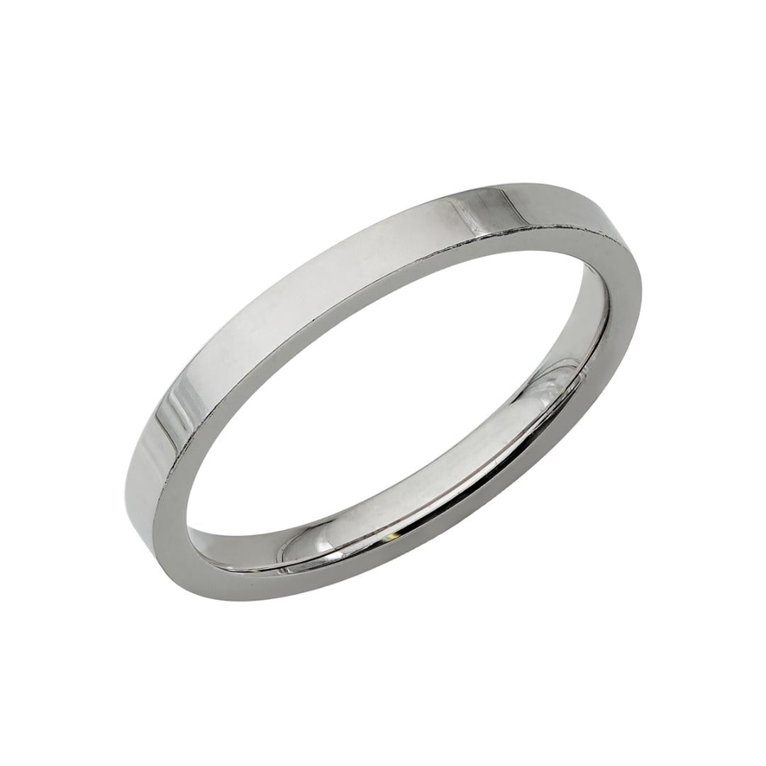 2mm 14K white gold plain flat wedding band with a shiny finish, comfort fitted, unisex design, made in New York.