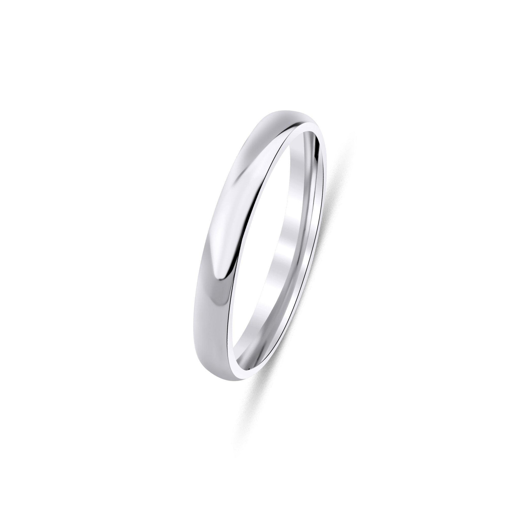 3mm solid white gold plain dome wedding band with shiny finish, comfort fitted, available in multiple metal options.