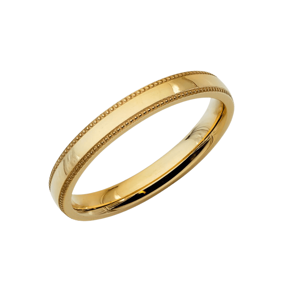 3mm 10K 14K 18K Yellow Gold Dome Milgrain Wedding Band with shiny finish, comfort fit.
