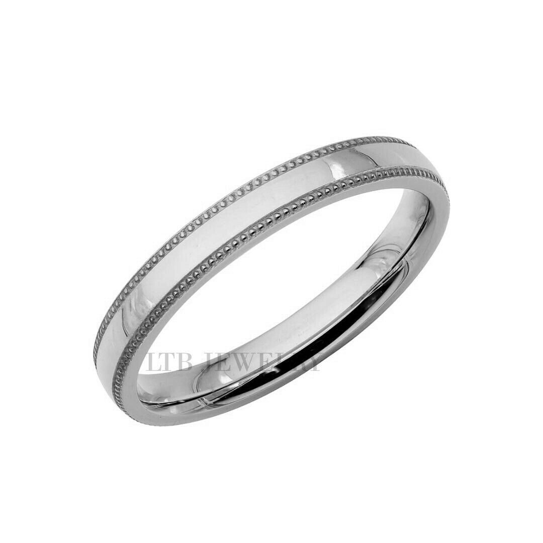 3mm white gold dome milgrain wedding band with shiny finish, comfort fitted design, and elegant detailing.