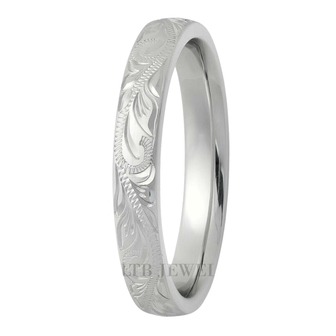 3mm white gold hand engraved wedding band with leaf motifs and shiny finish, available in 10K, 14K, 18K options.