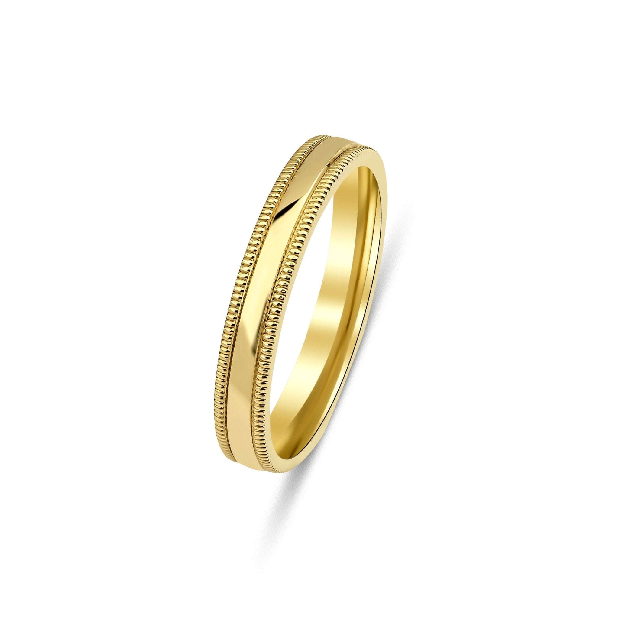 3mm yellow gold plain milgrain wedding band with shiny finish, comfort fit, available in 10K, 14K, 18K