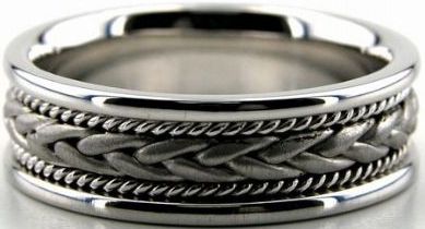 Handmade 10K 14K 18K solid white gold braided men's wedding ring, 7mm wide with shiny and satin finishes.