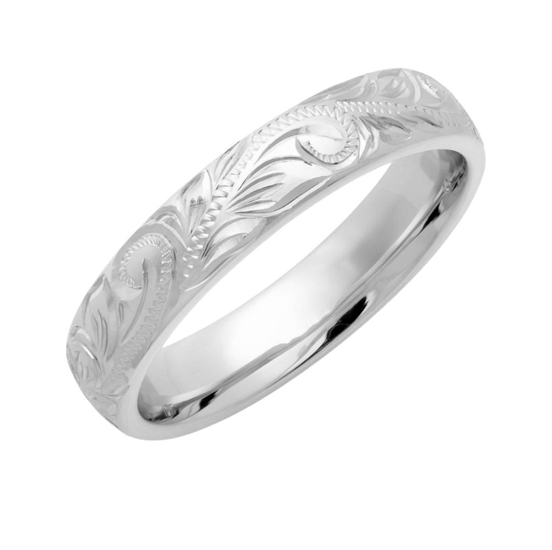 Hand engraved 4mm solid white gold wedding band featuring leaf motifs and a shiny finish, comfort fit design.
