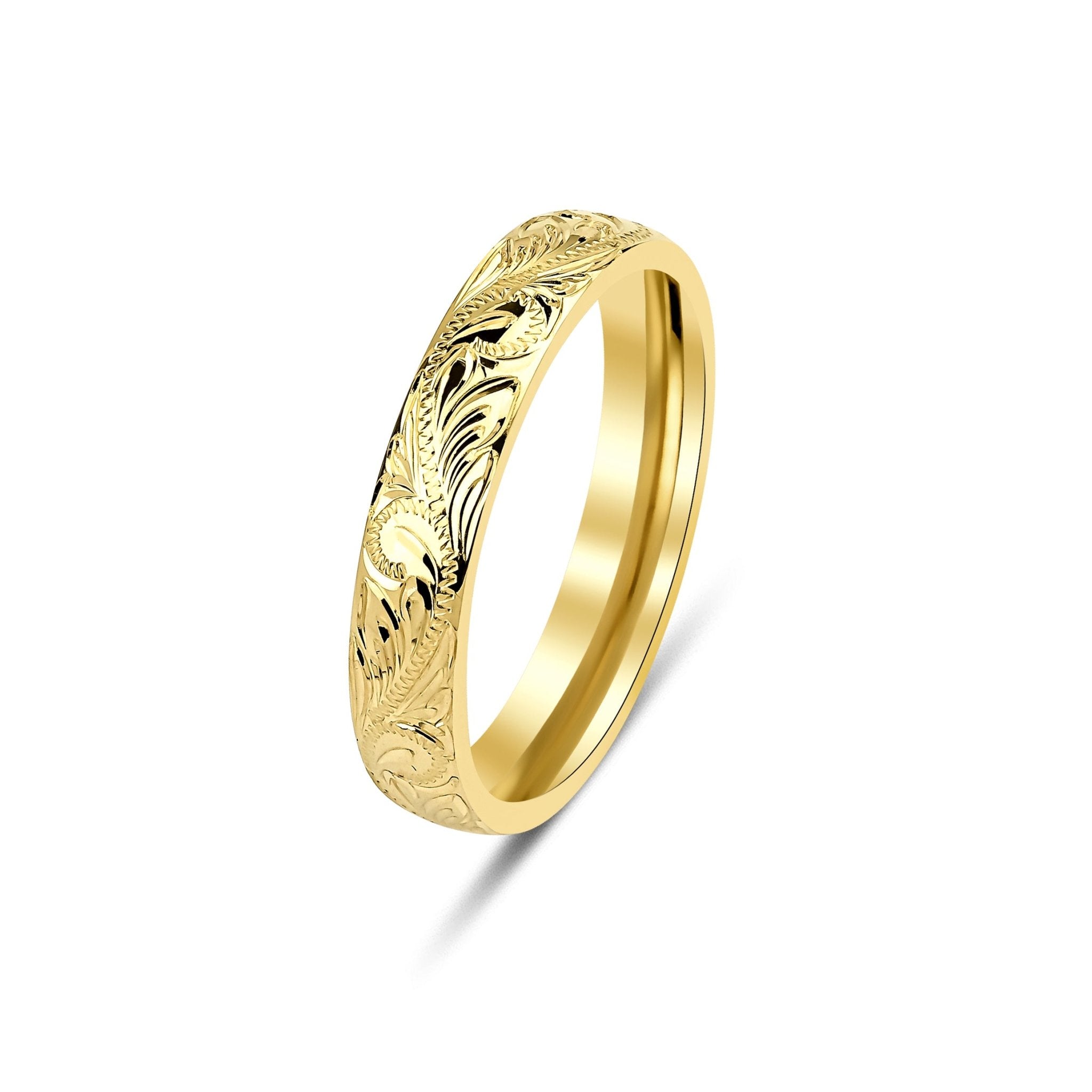 4mm 10K 14K 18K yellow gold hand engraved wedding band with intricate leaf motifs and shiny finish.