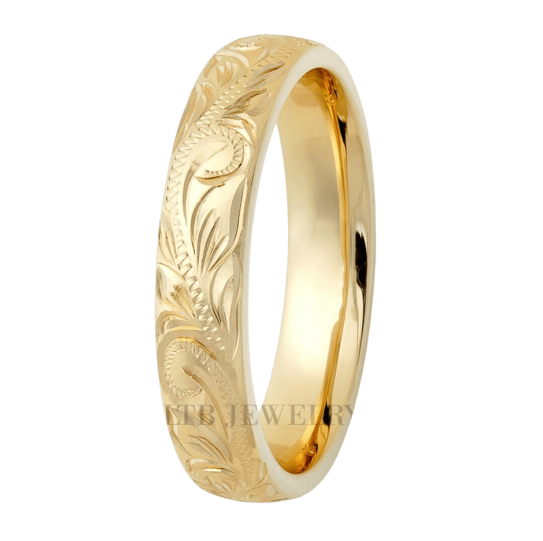 4mm hand engraved yellow gold wedding band with leaf motifs and shiny finish, available in 10K, 14K, 18K.