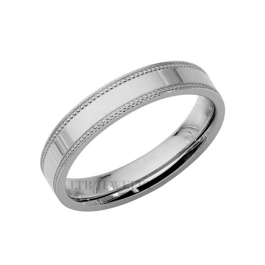 4mm 10K 14K 18K Yellow Gold Milgrain Flat Wedding Band with shiny finish, comfort fit, made in New York, USA.