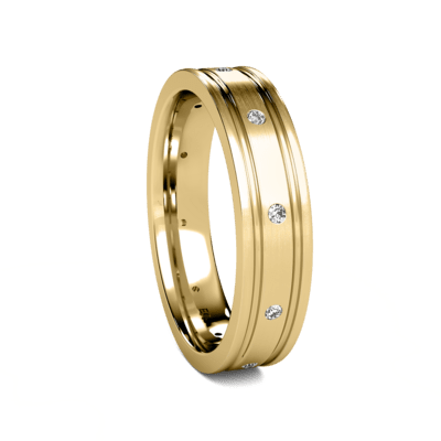 5mm rose gold diamond wedding band with satin finish and shiny edges, featuring 10 round cut diamonds, G SI.