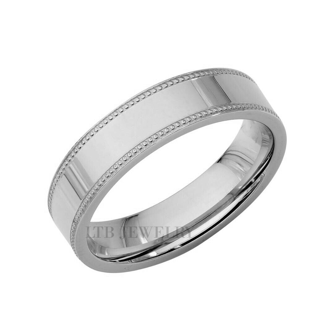 5mm white gold flat milgrain mens wedding band with shiny finish, comfort fit, available in 10K 14K 18K options.
