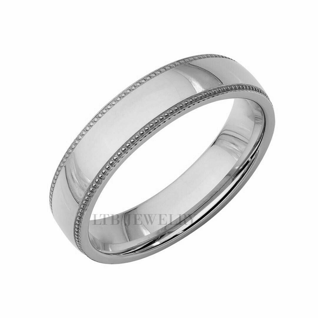 5mm unisex 14K gold dome wedding band with milgrain detail and shiny finish, comfort fit, made in New York.
