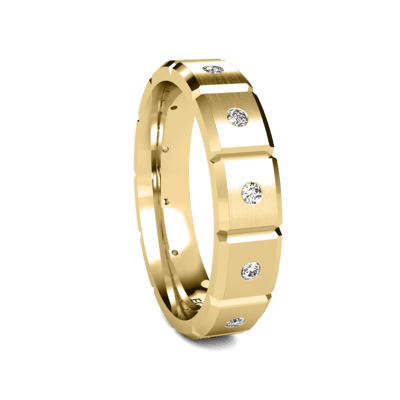 5mm 14K yellow gold wedding band with satin and shiny finish, featuring 12 round brilliant cut diamonds.