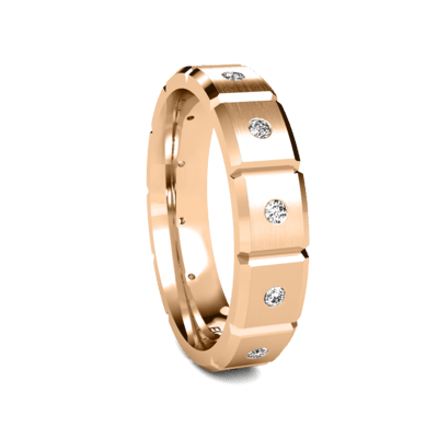 14K rose gold wedding band featuring 5 round diamonds and a sleek brushed finish, ideal for men's and women's styles.