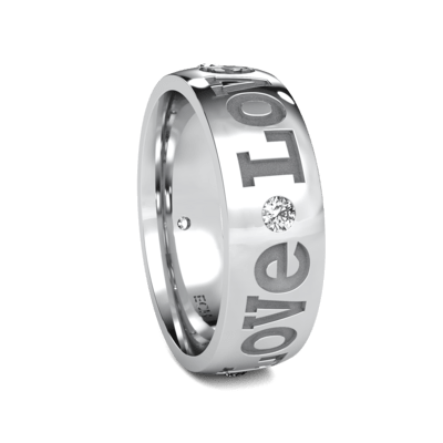 7mm solid white gold wedding band with engraved 'love' text and diamond accent, shiny finish, comfort fit.