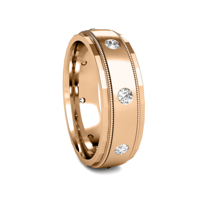 7mm rose gold wedding band with diamond accents and satin finish, featuring milgrain edges and comfort fit design.