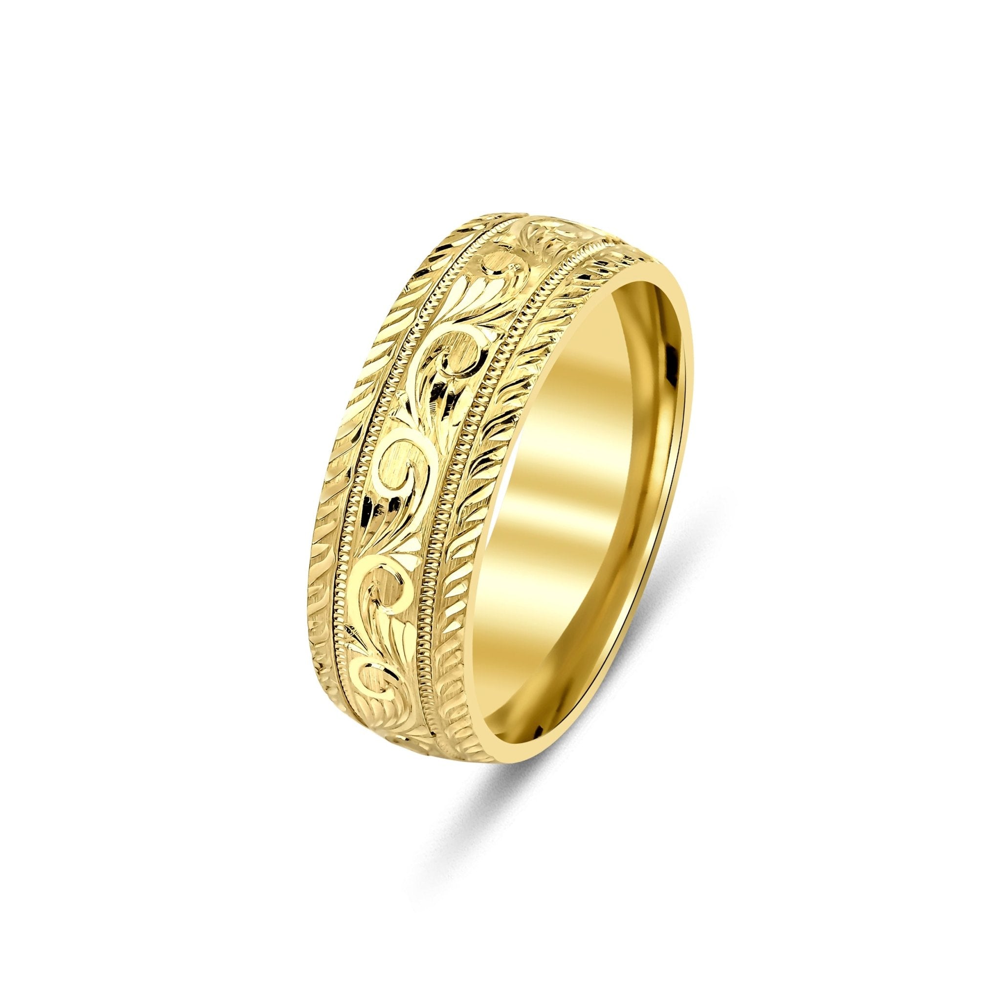 7mm yellow gold hand engraved mens wedding band with leaf motif, shiny finish, comfort fit, made in USA.