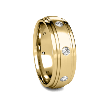 7mm 14K Rose Gold diamond men's wedding ring with satin finish and shiny edges, featuring 8 round brilliant cut diamonds.