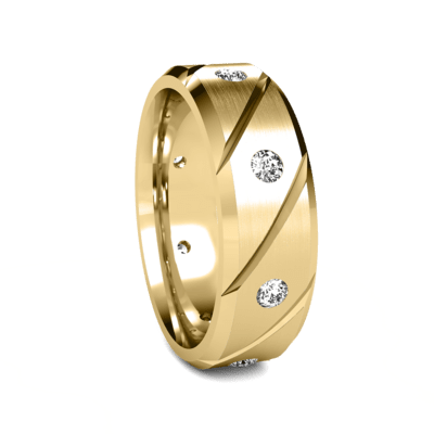 7mm 14K solid yellow gold diamond men's wedding band with satin finish and 8 round diamonds totaling 0.32 carats.