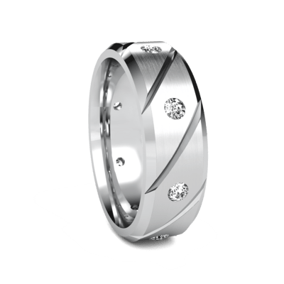 7mm 14K solid yellow gold men's wedding band with satin finish and diamond accents.