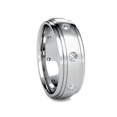 7mm 14K yellow gold diamond men's wedding band with satin finish and round brilliant cut diamonds.