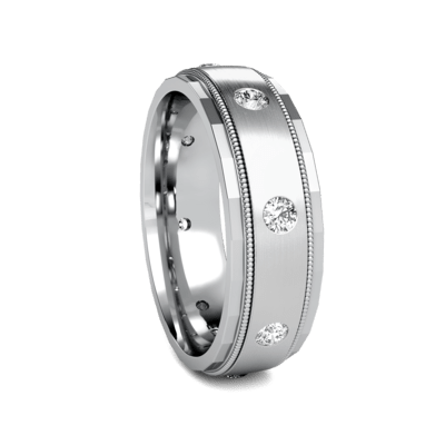 7mm platinum diamond mens wedding band featuring 8 round brilliant cut diamonds and satin finished milgrain design.