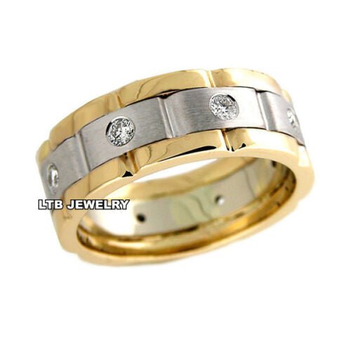 8mm 14K white and yellow gold diamond men's wedding band with satin and shiny finishes.