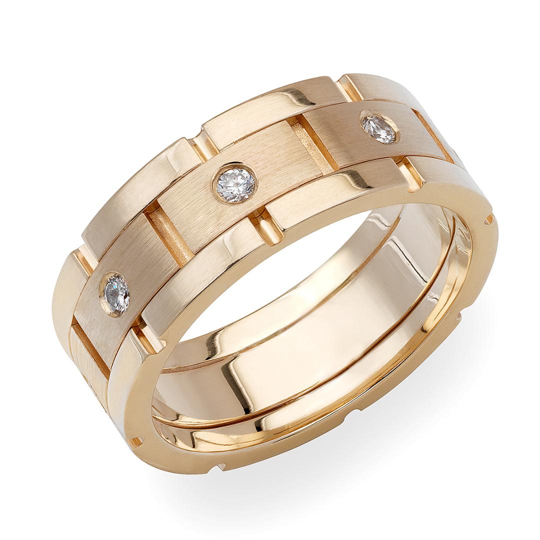 8mm 14K yellow gold diamond men's wedding band featuring satin and shiny finishes with round brilliant diamonds.