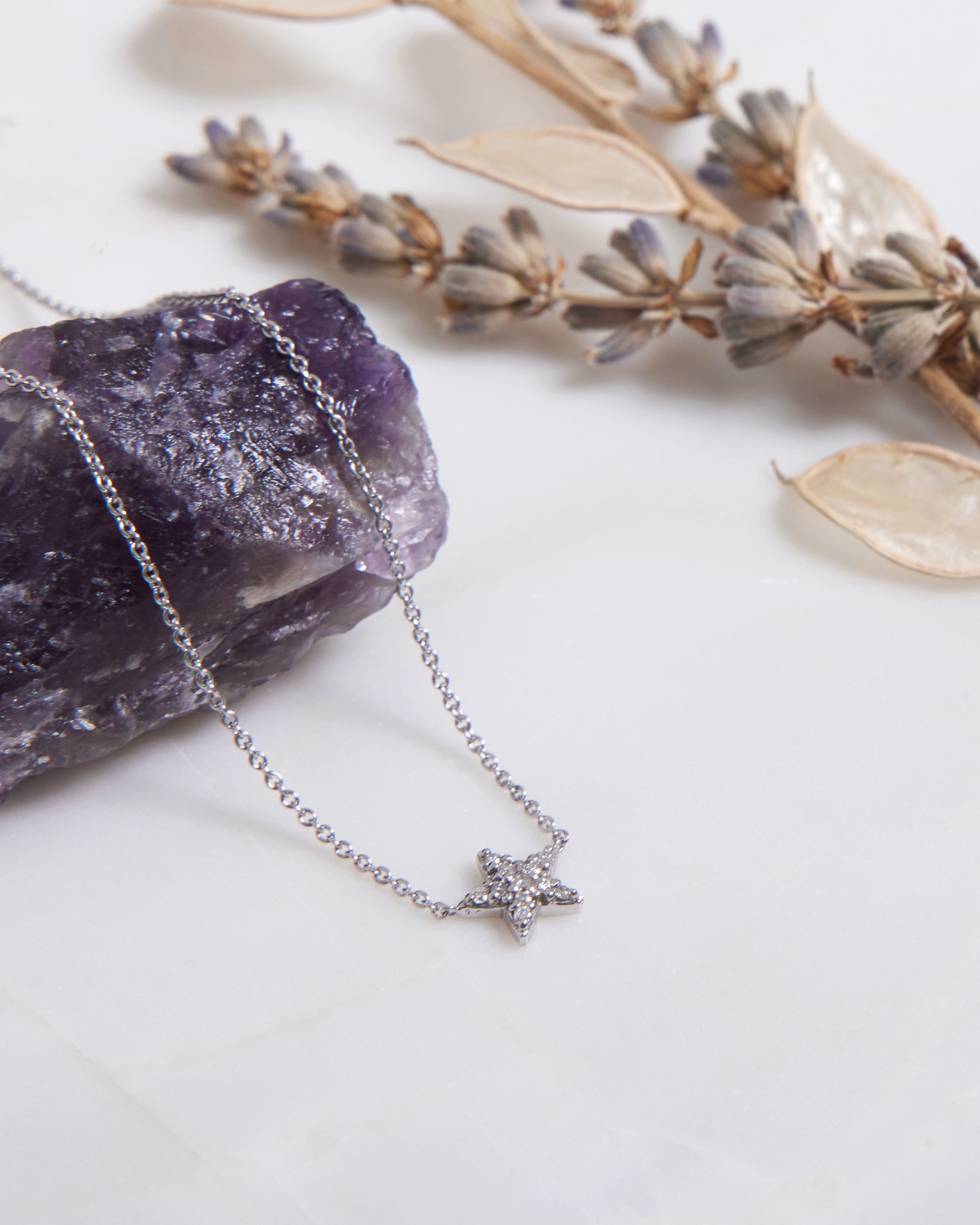 14K solid white gold diamond star necklace displayed on purple stone with dried flowers, minimalist jewelry for everyday use.