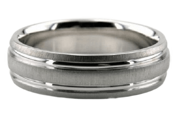 6mm solid white gold men's wedding band with brushed finish and shiny parallel lines, comfort fit design.