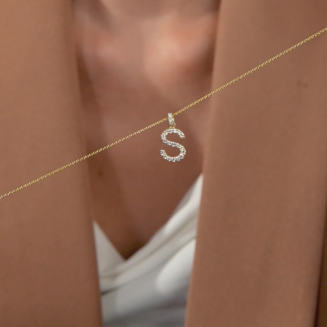 14K yellow gold initial necklace with natural diamonds, featuring letter S pendant, elegant and stylish women's jewelry.