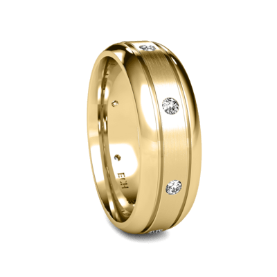 Classic dome diamond men's wedding band in 10K yellow gold with satin finish and 3 round-cut diamonds.