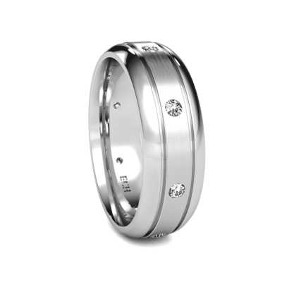 Classic dome diamond men's wedding band in solid white gold with satin and shiny finishes, featuring round brilliant cut diamonds.