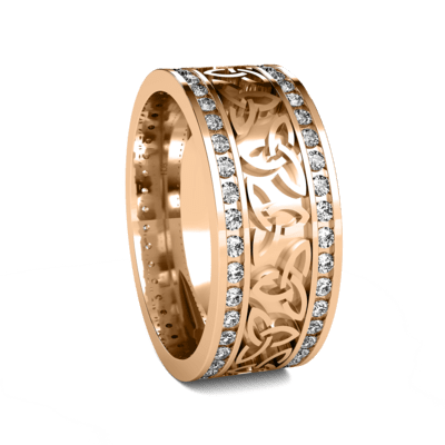Diamond Celtic Wedding Ring in rose gold, featuring intricate designs and adorned with round brilliant cut diamonds.