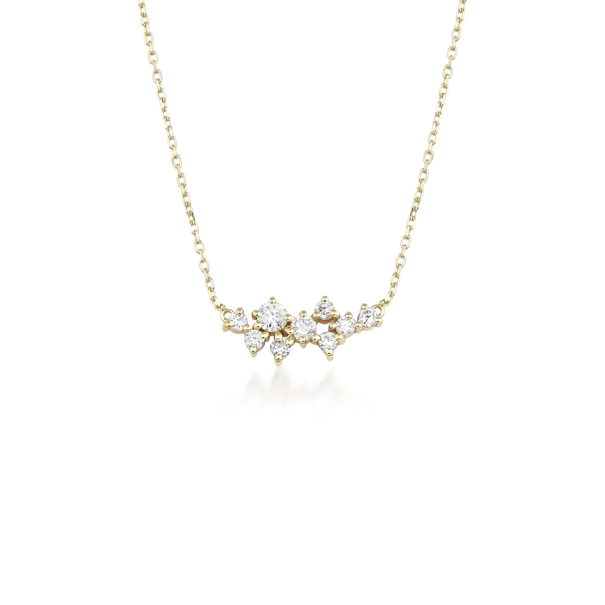 14K solid gold diamond cluster necklace featuring 9 sparkling diamonds in a delicate design perfect for everyday wear.