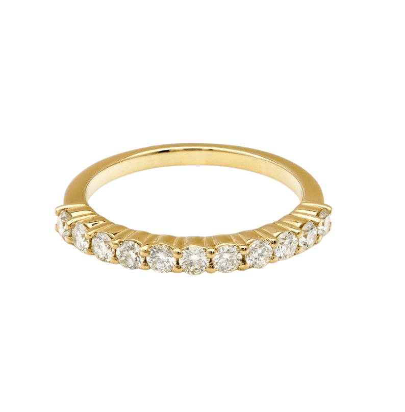 14K yellow gold half eternity diamond ring with 11 round diamonds, total 0.55 carats, showcasing a shiny finish.