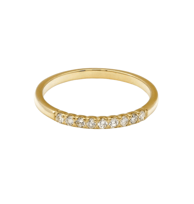 14K yellow gold diamond wedding band featuring 9 round diamonds, total carat weight 0.18, shiny finish.